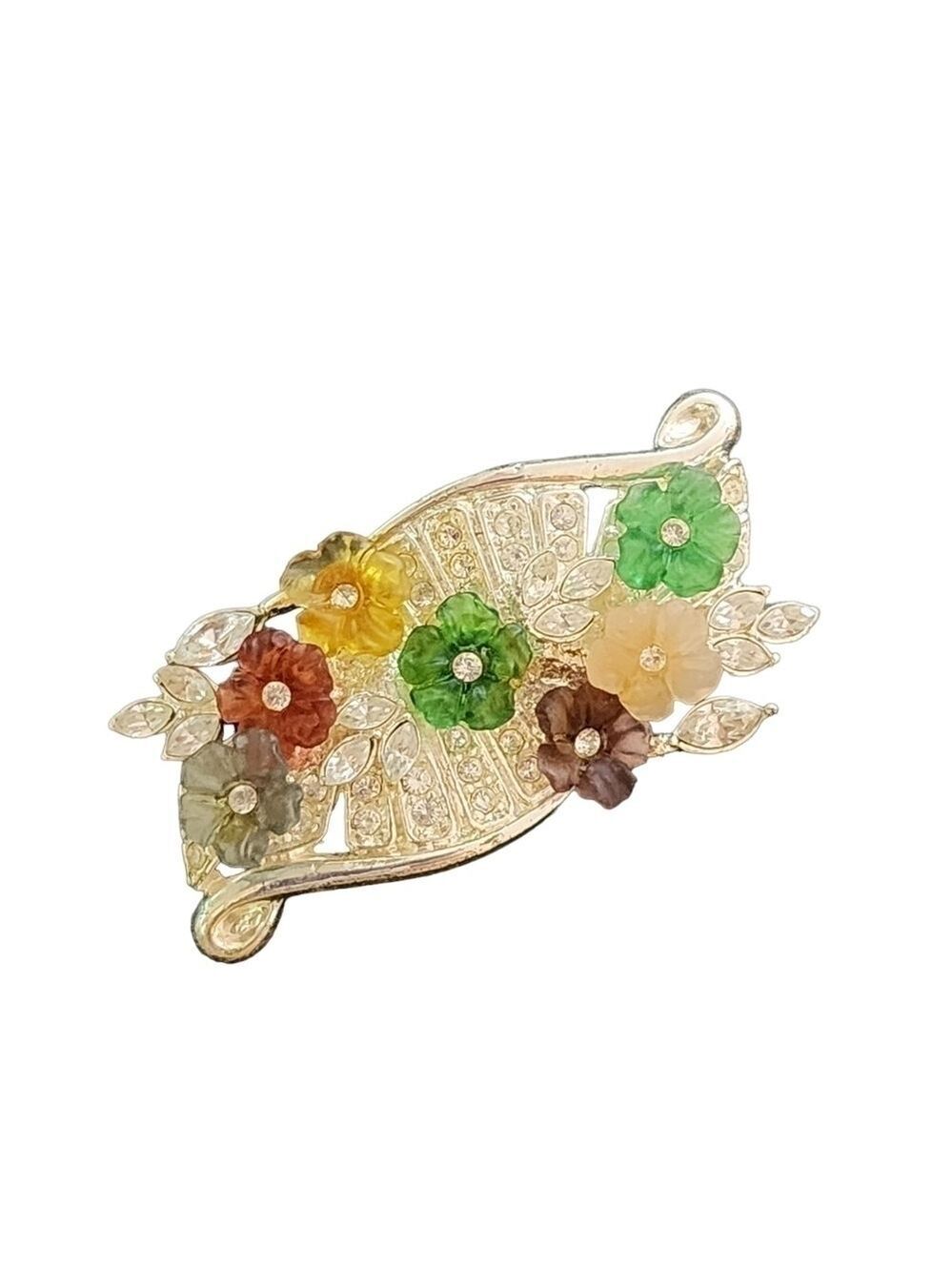 Vintage 3d Acrylic floral Silvertone scroll brooch pin